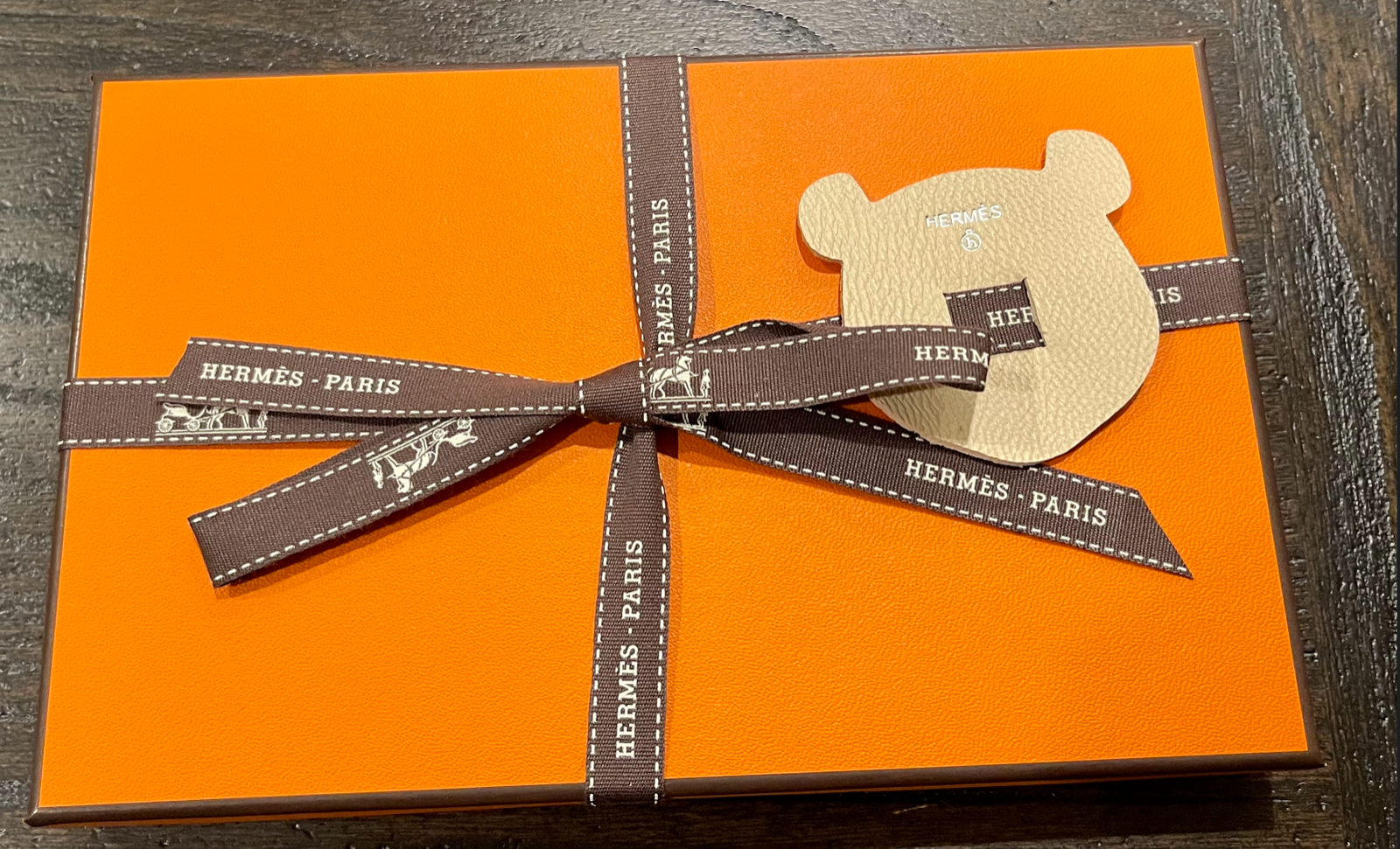 Hermes Leather PETIT H Teddy Beige Bear Ribbon Charm