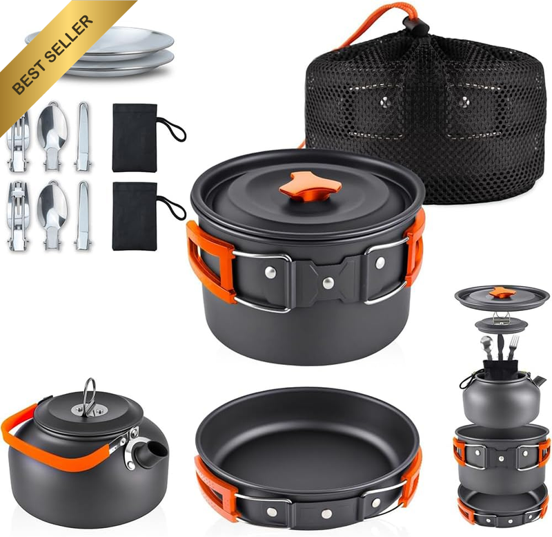 Camping Cookware Set, Non-Stick Pots & Pans with Kettle, Plates & Cutlery Set, P