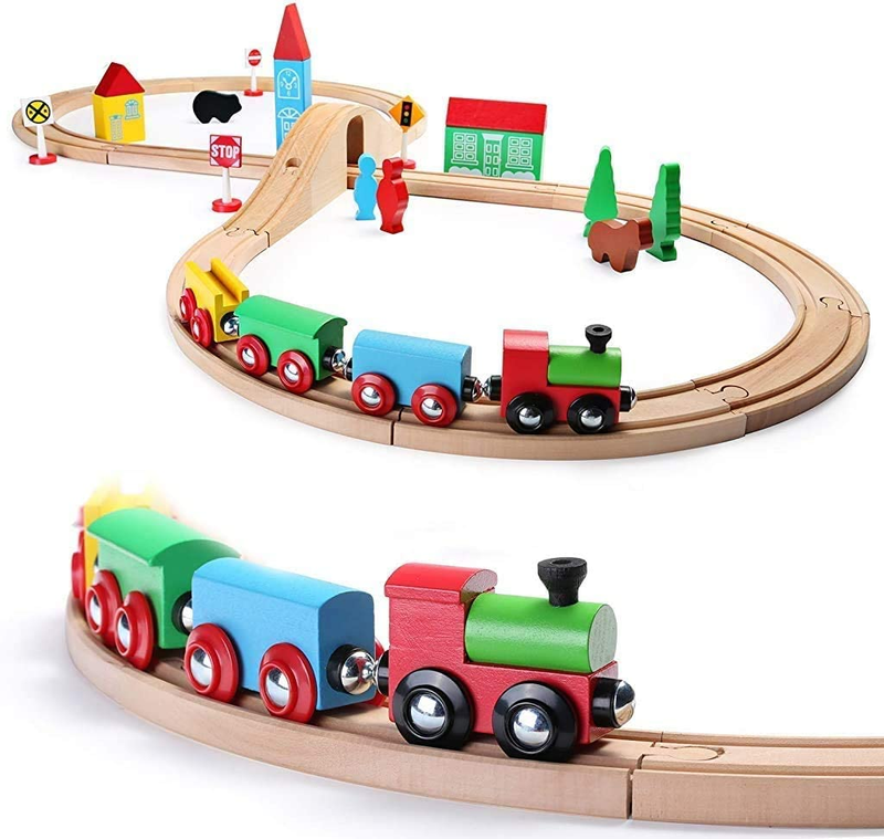 Sainsmart Jr. Wooden Train Set for Toddler with Double-Side Train Tracks Fits Br