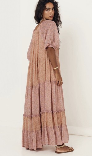 Pre-owned Free People X Spell & The Gypsy Collective Free People Spell Rae Gown Puff Sleeve Printed Tiered Maxi Dress M In Pink
