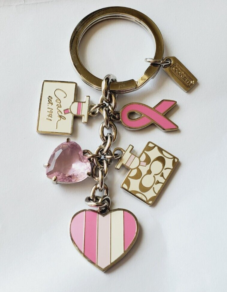 Coach Keychain Pink Cancer Ribbon Pink Swarovski Heart Nurses Cure