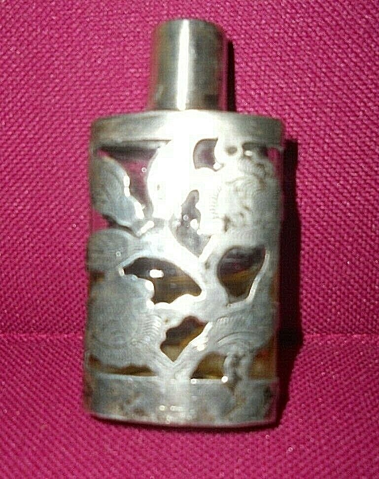 VINTAGE STERLING SILVER OVERLAY GLASS PERFUME BOTTLE SCENT FLASK Taxco Mexico