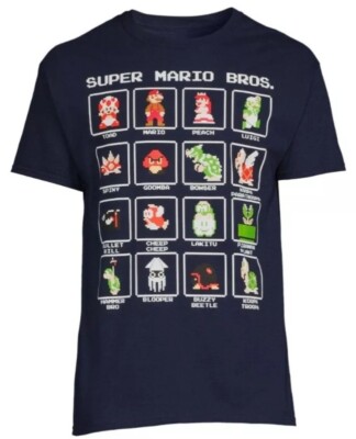 SUPER MARIO BROS. PIXEL CHARACTERS T SHIRT. NAVY BLUE. Size 2XL