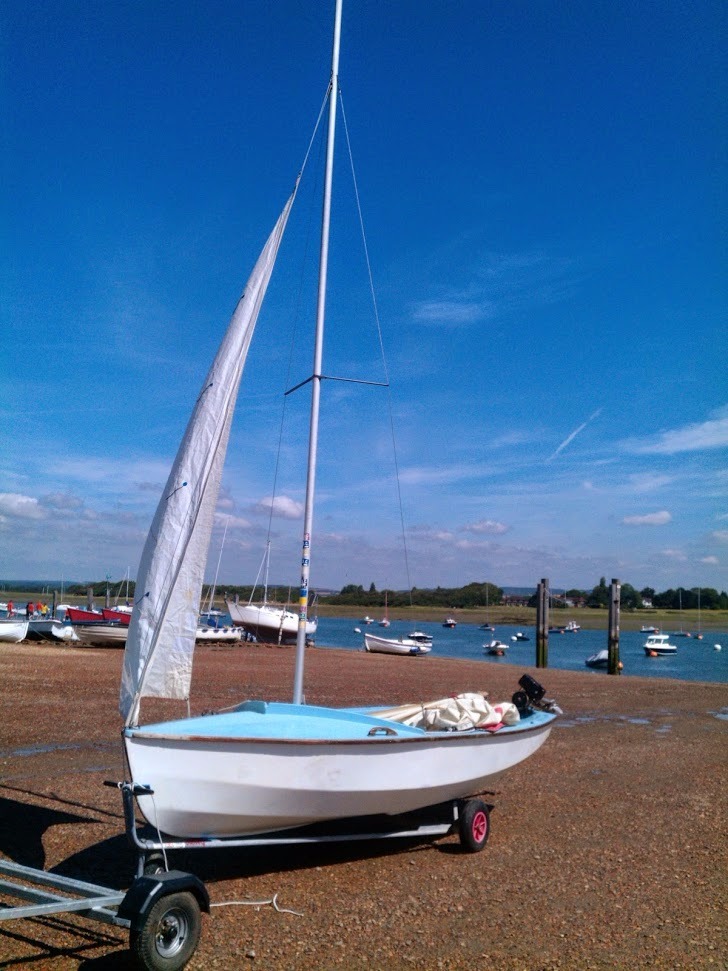 GRP Wayfarer Mk1 Sailing Dinghy No 1020 with launching trolley, road