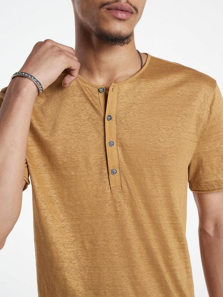 Pre-owned John Varvatos $298  Bleecker Linen Henley In Brown Sugar Size: M