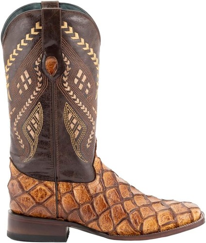 Pre-owned Ferrini Men's Bronco Pirarucu Print Square Toe Leather Heeled Western Boots In Cigar