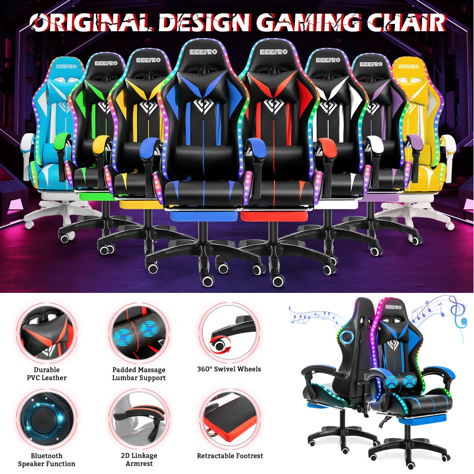 RGB LED Light Gaming Chair Recliner High Back Speakers Massage with Footrest Pad