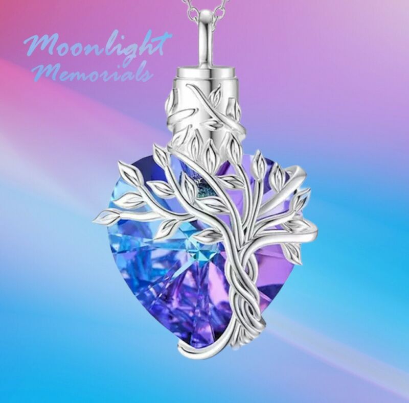 New Tree Heart Crystal Cremation Urn Keepsake Ashes Memorial Necklace