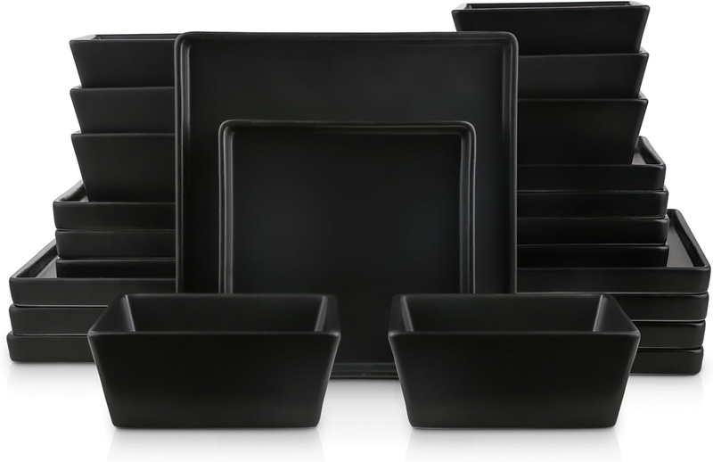 24 Pieces Stoneware Square Dinnerware Set, Black Matte
