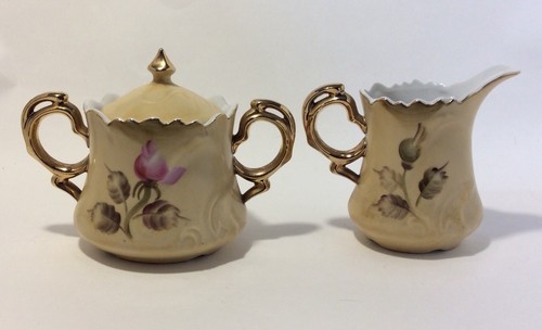 Vintage Lefton Cream & Sugar Heritage Brown w/ Pink Roses Floral NE 1867