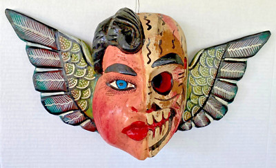 Mexican Folk Art Carved Wood Angel Face Cacheton Bust Wall Hanging Colonial 18