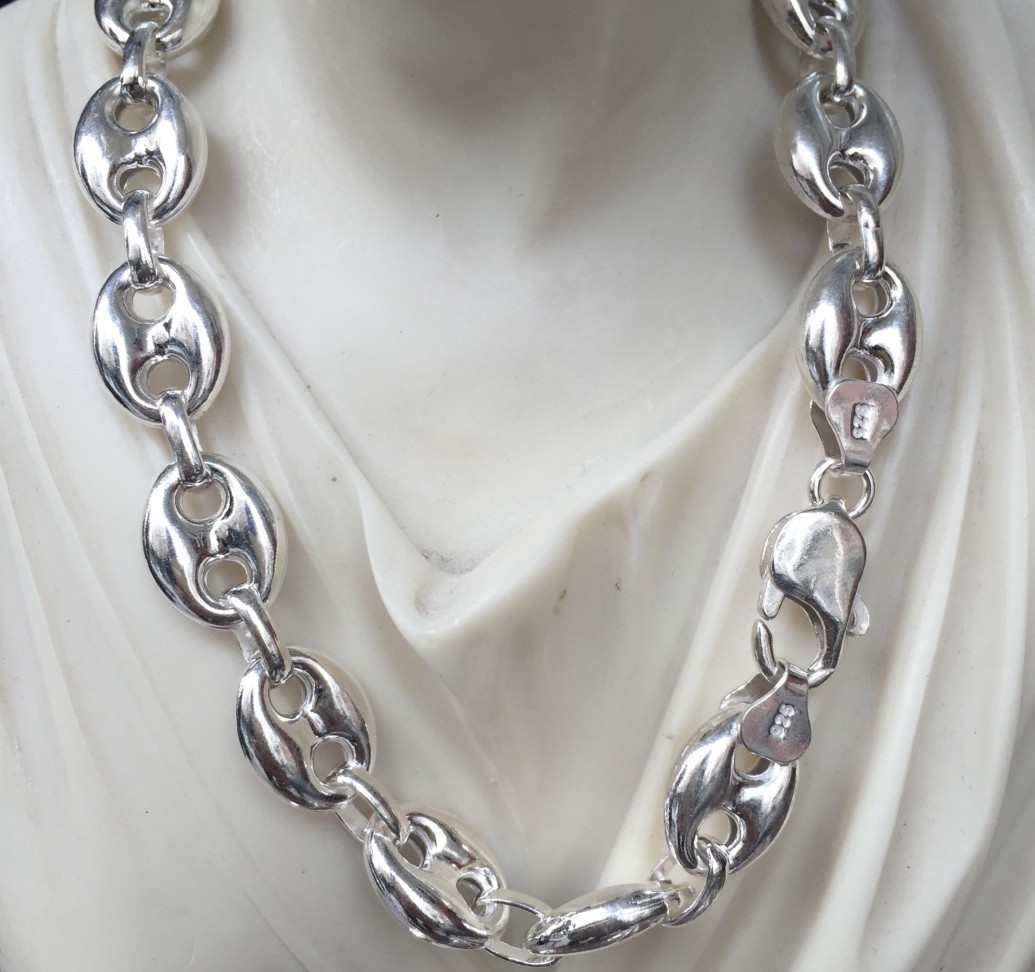 Pre-owned Handmade 14mm Hollow Puffed Marina Link Chain Necklaces 925 Silver Sterling 28inch 71gr