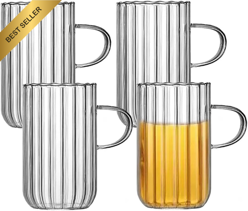 Coffee Mugs 4 Piece Set, Clear Iced Coffee Glass Cups, Clear Glass Cups with Han