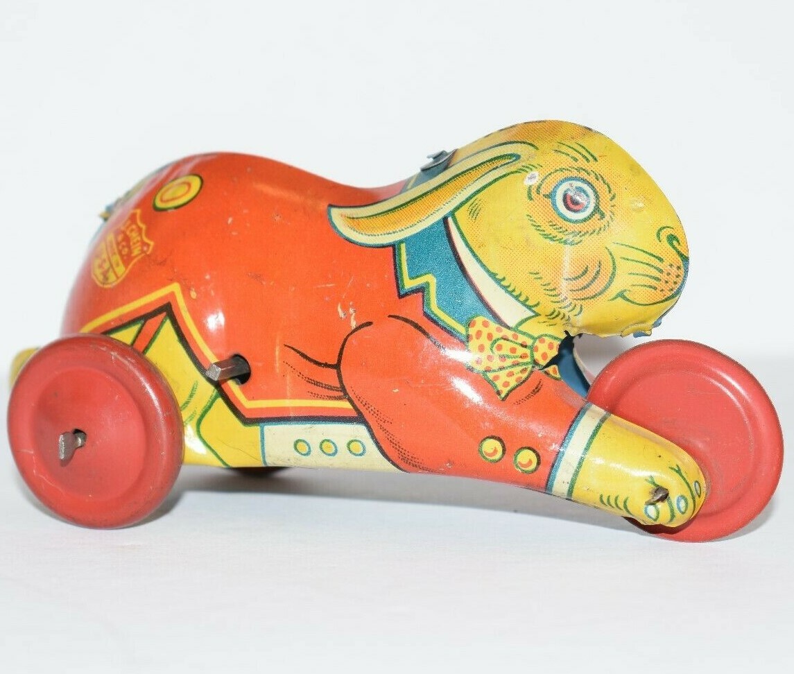 Vintage Wind-Up Tin Toy Rabbit J. Chein Co. Toys Tin Litho Racer Bunny in Jacket