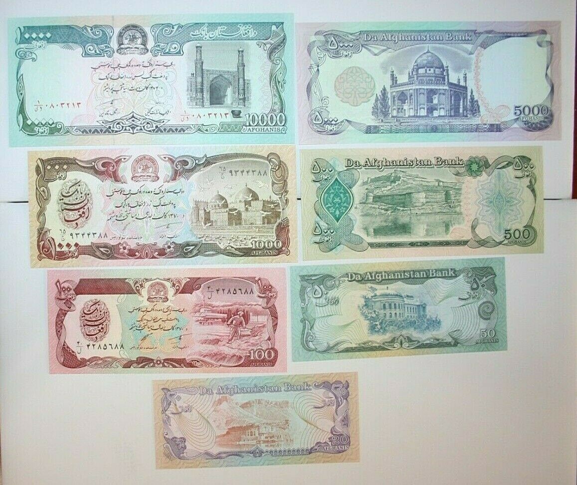Lot of 7 Afghanistan Banknotes - 10,000 5,000 1000 500 100 50 20 Afghanis