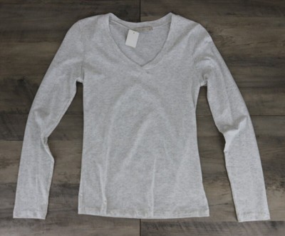 Active Basic Womens V-Neck Long Sleeve Plain Solid Fitted Top Small Heather Gray