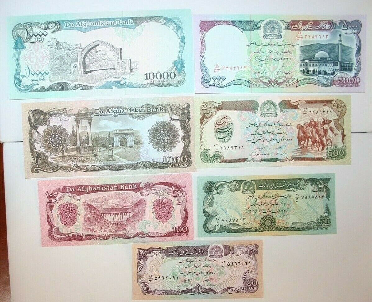 Lot of 7 Afghanistan Banknotes - 10,000 5,000 1000 500 100 50 20 Afghanis