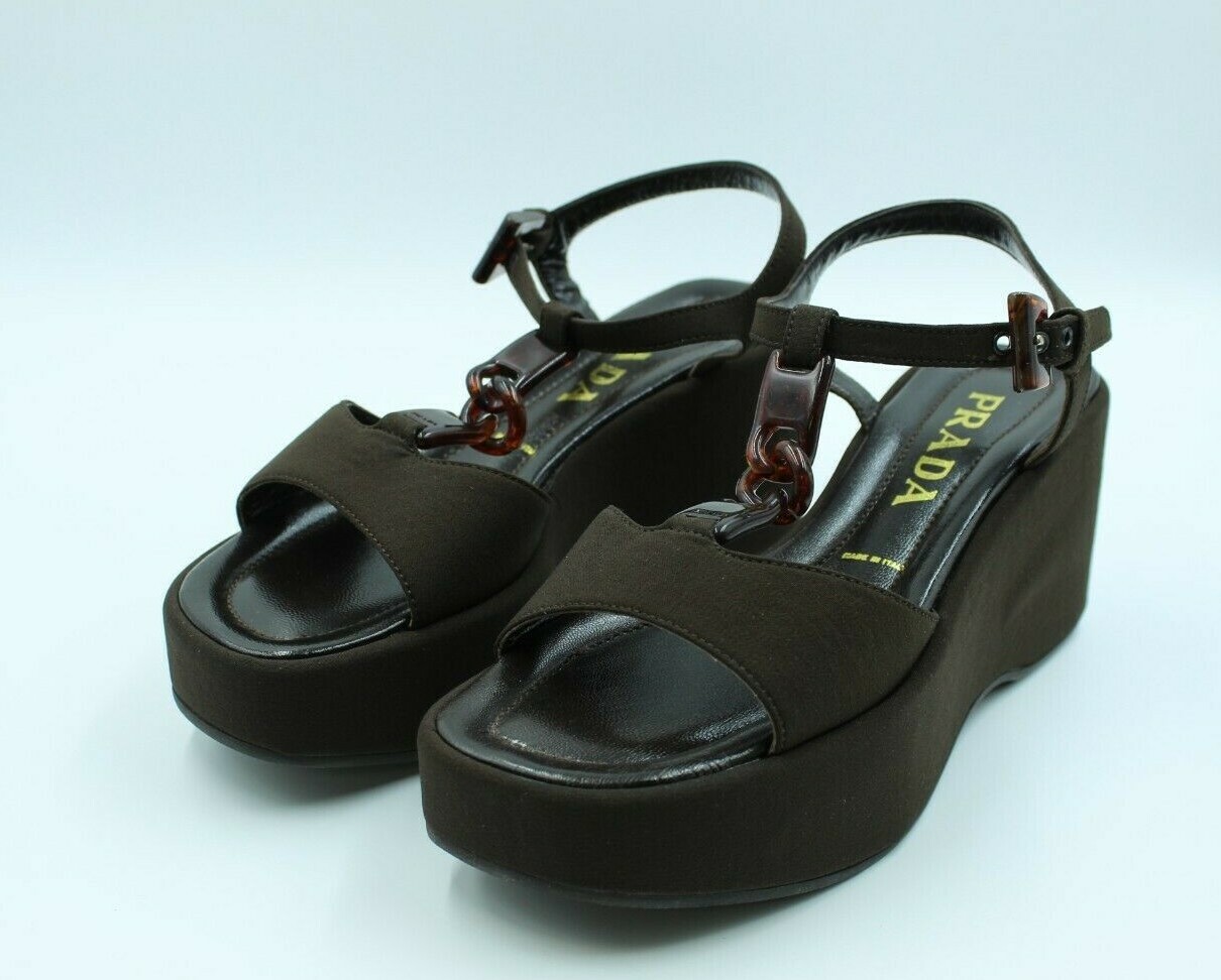 Pre-owned Prada Milano Women's Tess. Tecnico 0387 Brown Wedge Sandals