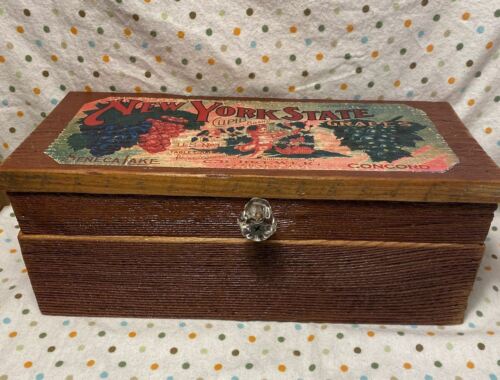 Antique Barn Wood Box with Glass Knob Handle, Leather Hinges a...