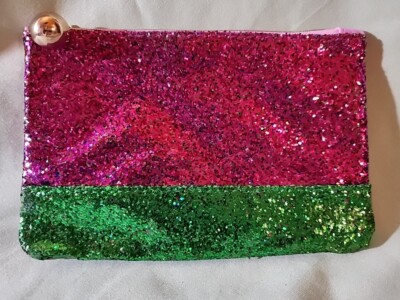 New Ipsy Glam Cosmetic Bag (Bag Only) Pink & Green Glitter  7'' x 5'' T7