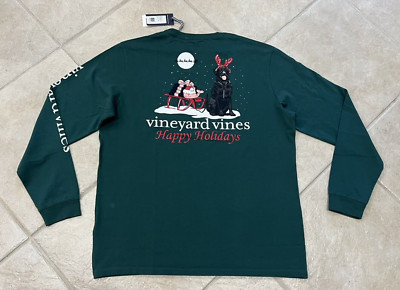 Vineyard Vines Dog Sled Whale Christmas Graphic Tee Longsleeve Men L $48 Green