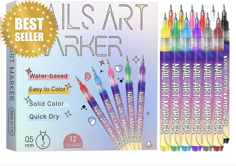 12 Colors Nail Art Pens Set, 3D Nail Color Pens, Quick-Drying Acrylic Paint Mark