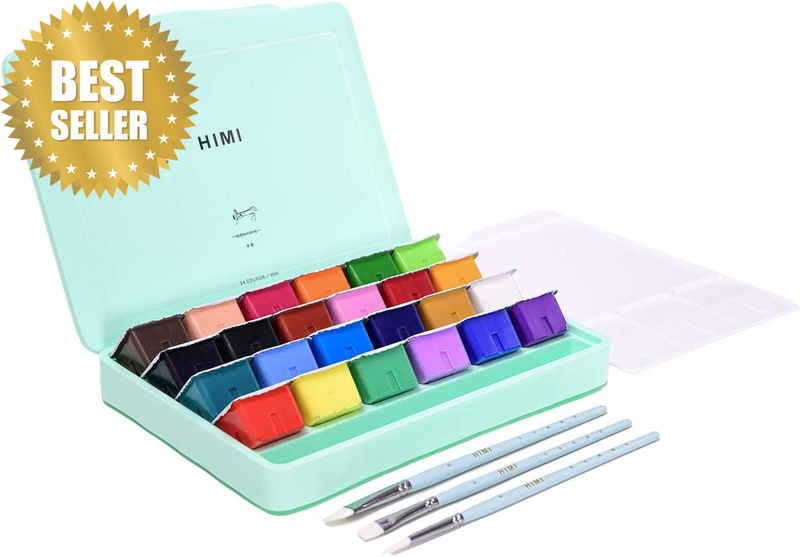 Gouache Paint, Set of 24 Colors×30Ml with Paint Brushes, Unique Jelly Cup Design