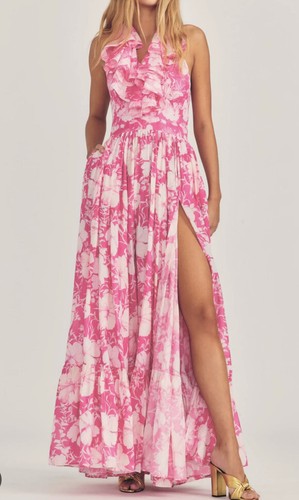 

Розовое платье макси LoveShackFancy Marinette с разрезом и оборками и бретелькой на шее, Holiday sun fuschia