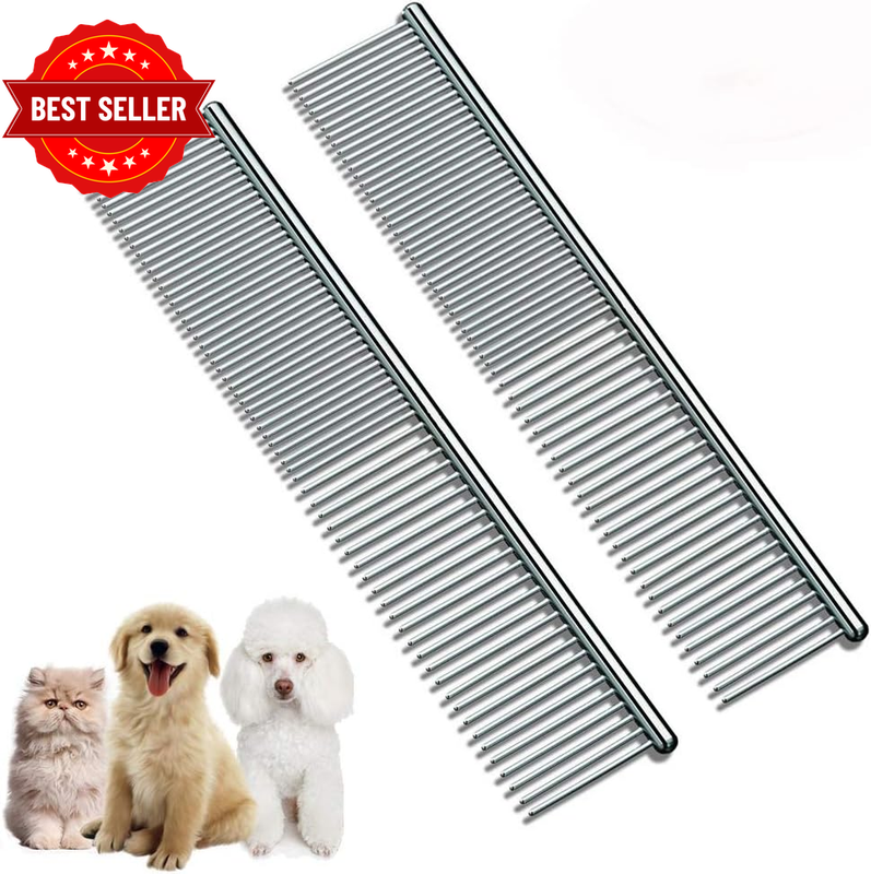 [2 Pack]  Pet Grooming Comb, Stainless Steel Pet Grooming Massaging Kit Dog Comb