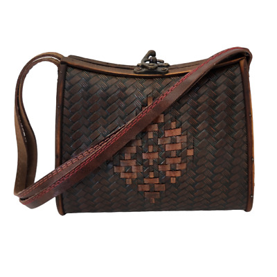 Vintage Wicker Rattan Handbag Purse Brown Leather Double Handle Hinge Lock