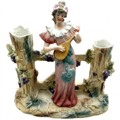 Antique German Bisque Lute Player Figurine Double Spill Vase Grape Vines c.1900