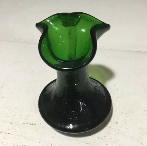 Vintage Art Glass Forest Green Crackle Pitcher 4.4” Tall Clear Handle Hand Blown