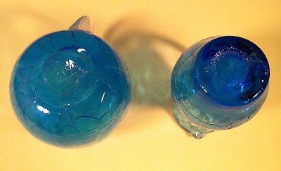 Pair of Small Blue Crackle Glass Pitchers