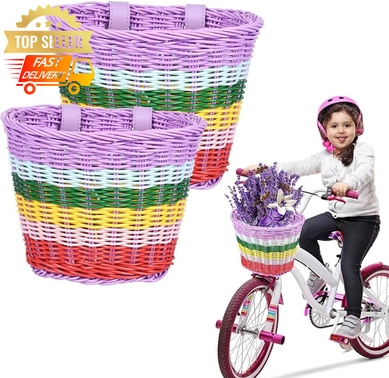 Kids Bike Basket 2-Pack Rainbow Waterproof Woven Handlebar Storage