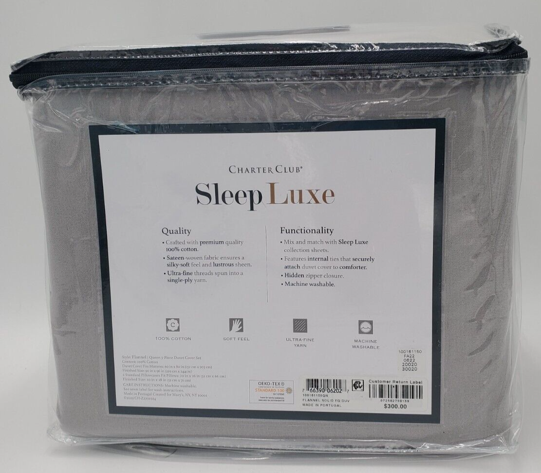 Charter Club Duvet Cover Set Full / Queen Grey Portuguese Cotton Flannel 3-Pc