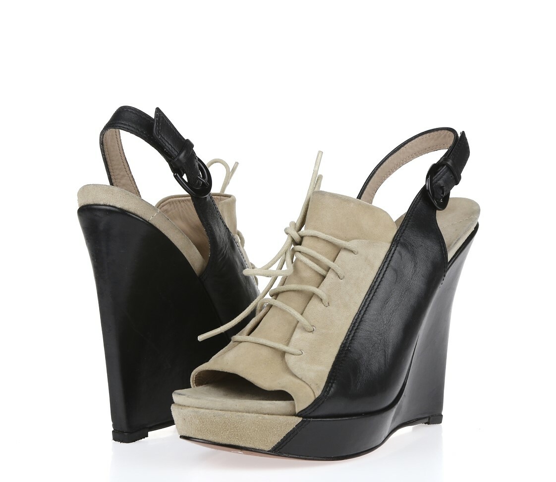 Womens 10 Crosby Derek Lam Black Taupe Leather Slingback Wedge Sandal Size 7.5 M