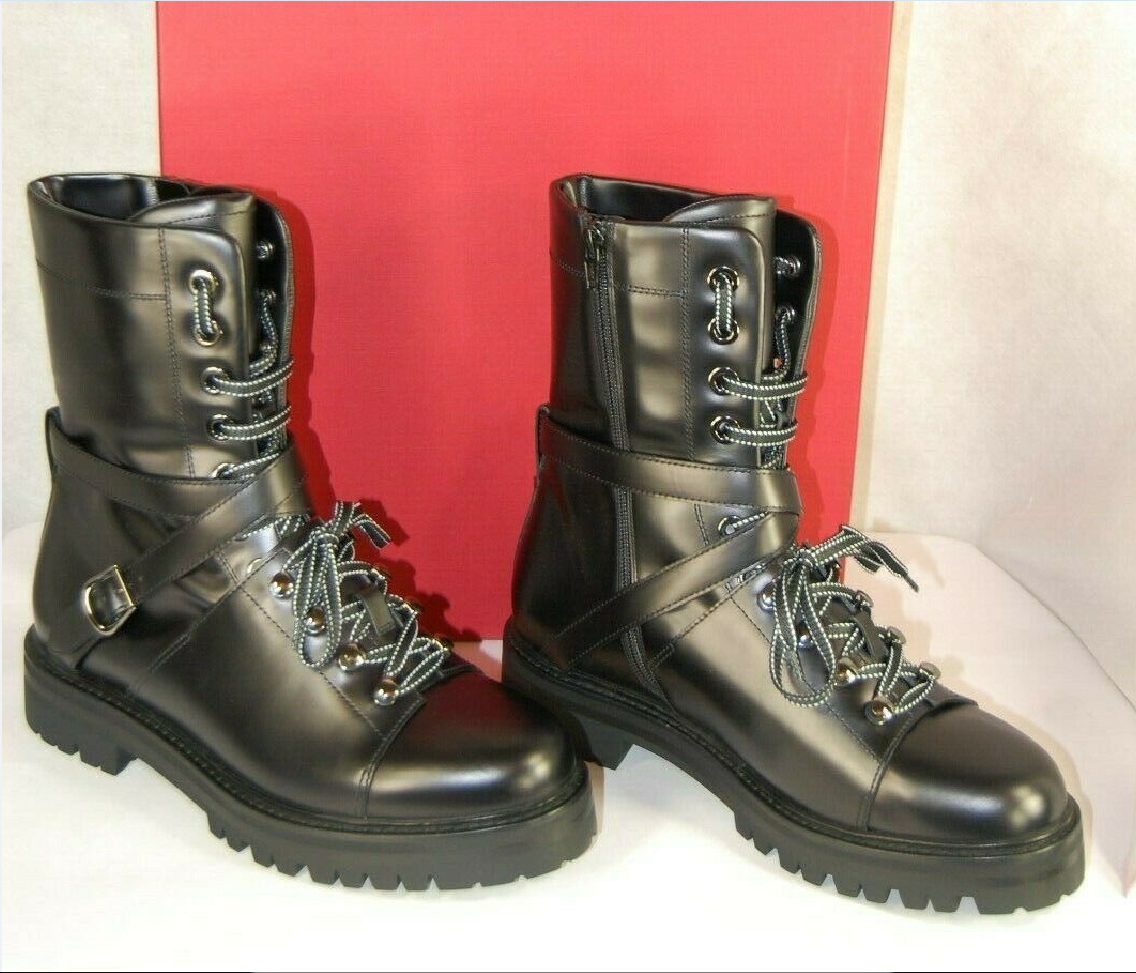 Pre-owned Valentino Garavani Valentino Runway Rockstud Black Leather Combat Biker Riding Boots Eu 39.5 Us 9.5
