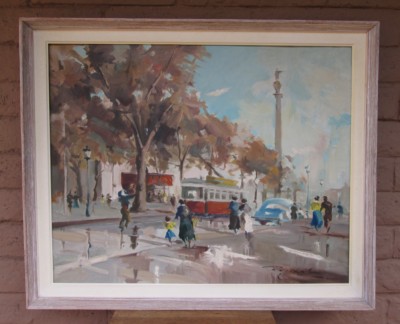 ARTIST JORDI FREIXAS CORTES OIL PAINTING: RAMBLAS CATALUNYA, BARCELONA SPAIN