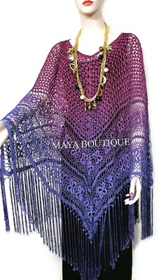 Pre-owned Maya Matazaro Crochet Poncho Shawl Top Hand Dyed Magenta Purple Ombree  One Size In Purple Magenta