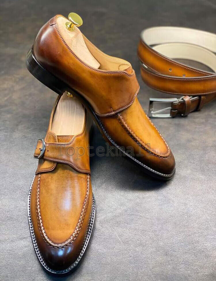 Pre-owned Handmade Men's Leather Single Monk Strap Tan Formal Patina Fashion Shoes-456 In Two Tone