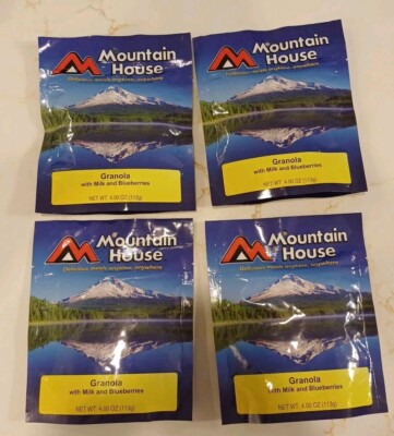 4 Pack Mountain House Freeze Dried Food MRE Granola With Milk And Blueberries