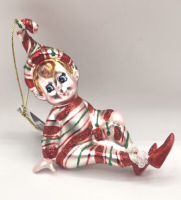 Robert Stanley Peppermint Candy Stripe ELF Sitting Glass Christmas Ornament NEW