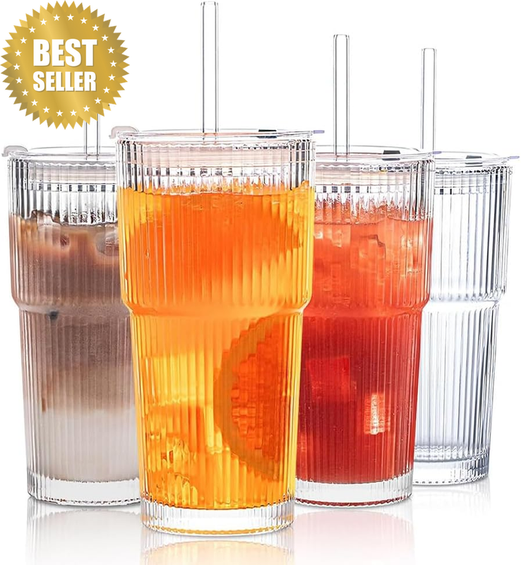 4PC Thickened Tumbler with Lid, Striped Smoothie Cup, Reusable Iced Coffee Glass