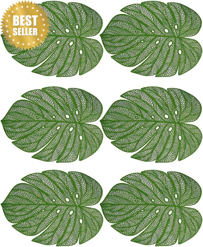 Placemats for Dining Table Set of 6, Green Leaf Shaped Vinyl Placemat, Heat Resi