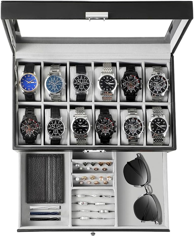 Watch Box Case Organizer Men 12 Slot Glass Lid Jewelry Display Storage Gift LED