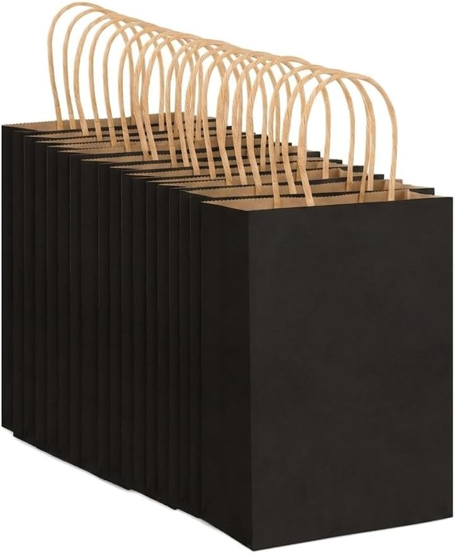 Small Gift Bags, 20 Black Kraft Paper Bags with Handles | Flat Solid Bases, Twis