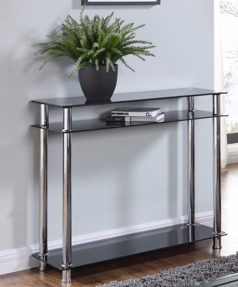 Glass Console Table Clear or Black Glass Chrome Legs 2 Tier Modern Hall