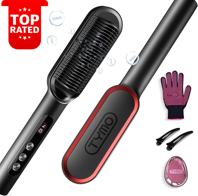 Ionic Hair Straightener Brush 2-in-1 Nano Titanium Heated Styling Tool 9 Temp