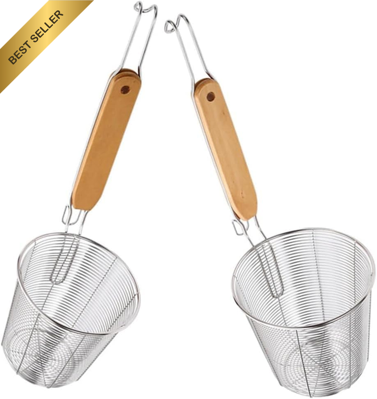 Dumpling Strainer 2Pcs Mesh Pasta Baskets with Wooden Handle Stainless Steel Mes