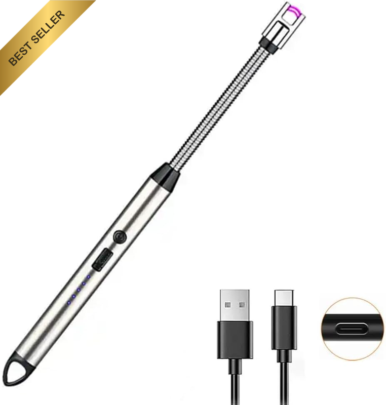 USB Type-C Electric Candle Lighter – Steel Shell, 360° Neck, Windproof, Silver